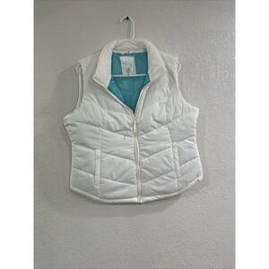 Womens XL Aeropostale White Aqua Blue Full Zip Front Puffer Vest Jacket